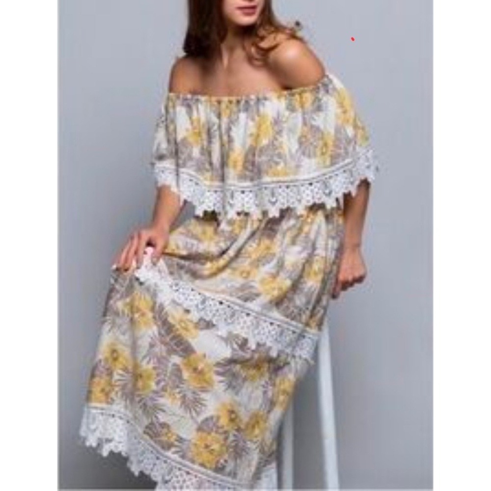 POL Tropical Floral Off Shoulder Lace Trim Maxi Dress BWT555 Yellow Brown Small
